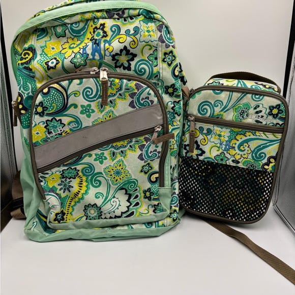LL Bean Deluxe Backpack Book Bag Green Paisley Print W Matching Lunch Box - Picture 1 of 7